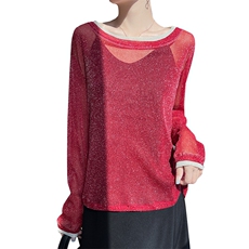 纯欲风假两件圆领防晒罩衫女夏季新款朦胧感星空网纱长袖T恤上衣，女装蕾丝衫/雪纺衫，圣丽羊绒