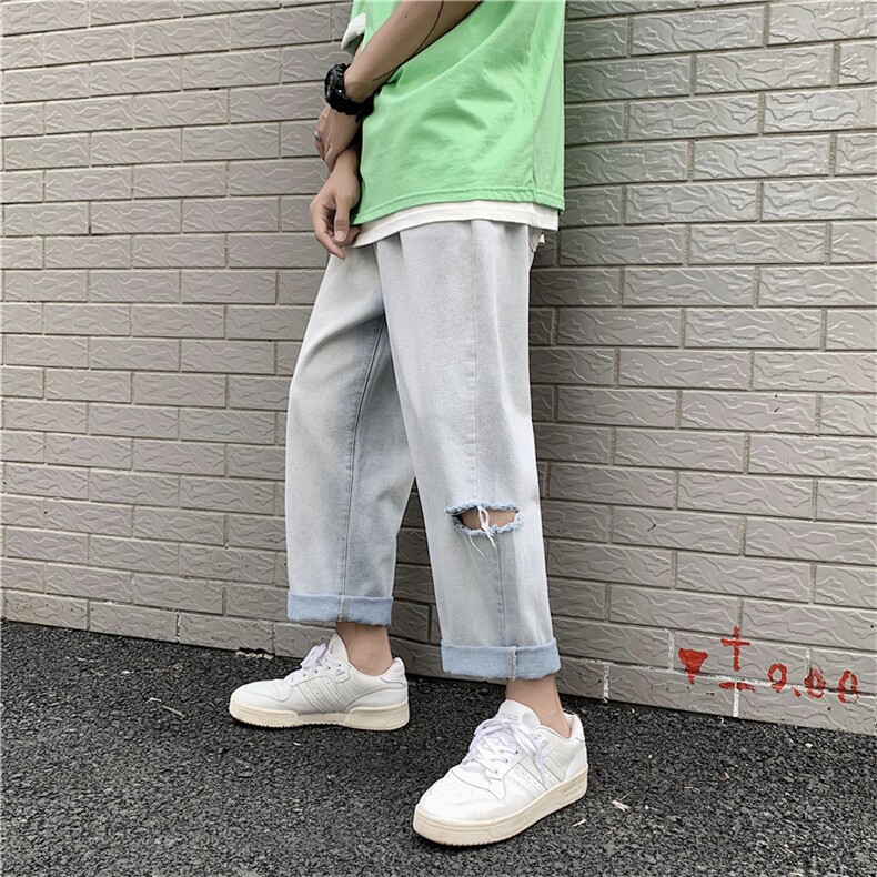 夏季薄款九分牛仔裤男生直筒宽松破洞韩版潮流休闲裤子CN305图片