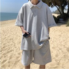 polo衫t恤短袖五分裤ins情侣学生纯色运动两件套装现货T1044-P38，男装T恤，星座512-2