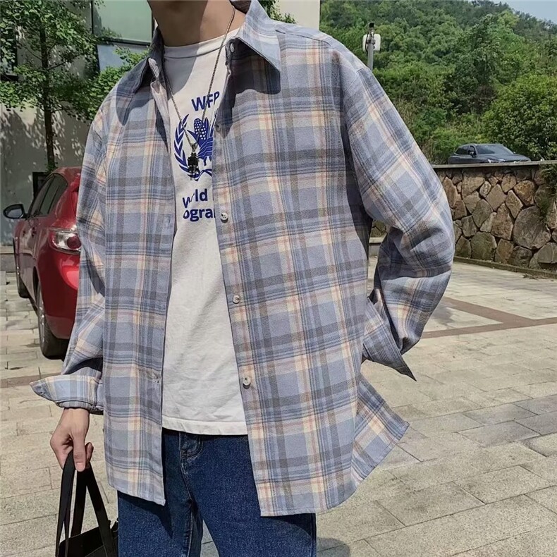 文艺格子衬衣男女长袖宽松帅百搭拼色2025秋季ins外套CY1229-P26,男装衬衫,星座412-1