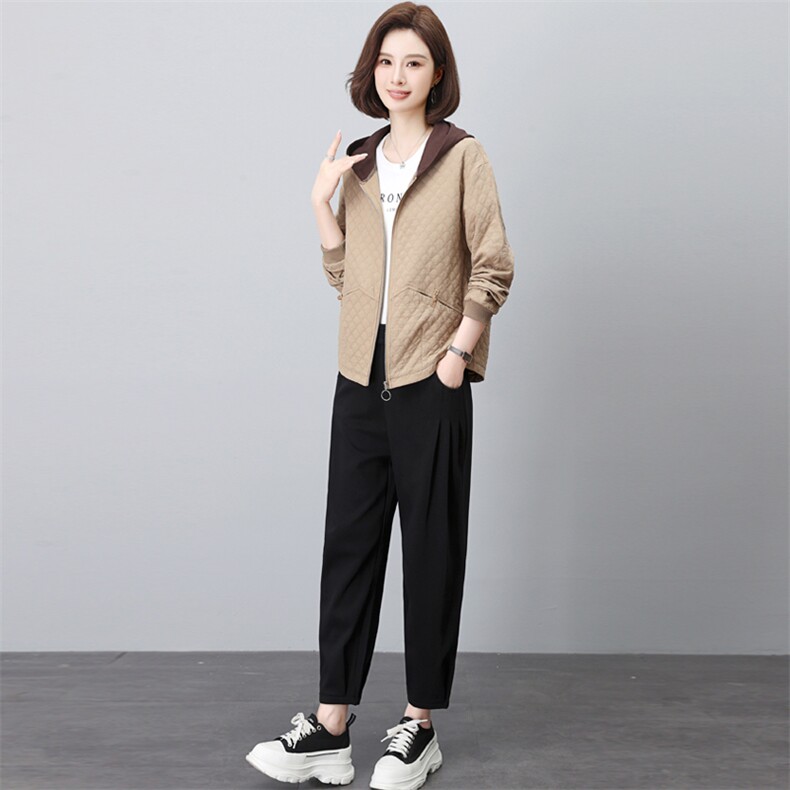 春秋新款时尚两件套装女休闲宽松格子连帽开衫哈伦裤中老年妈妈装,女装套装/套裙,璐依舞