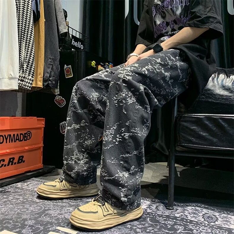 潮牌提花牛仔裤男新款欧美高街港风痞帅休闲阔腿长裤子YN850-P45,男装牛仔裤,星座1008