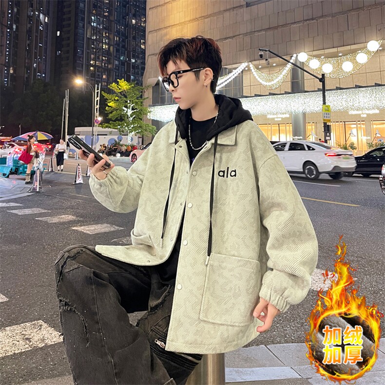 加绒加厚外套男可卸帽潮牌夹克男青少年秋冬季保暖褂子V201-P110图片