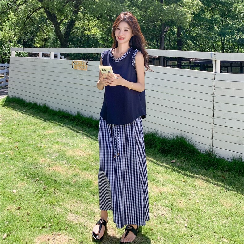 甜美花边格纹背心半身裙套装女夏2025新款今年流行绝美俏皮两件套,女装套装/套裙,2C325