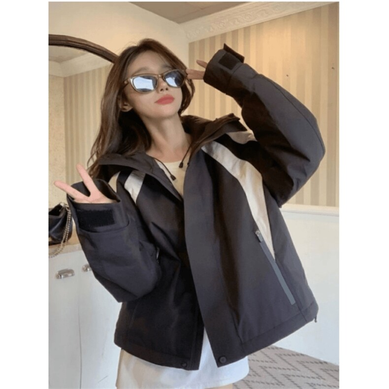 美式拼接冲锋衣短款外套女秋季2025新款设计感小个子休闲连帽上衣,男装夹克,星座1210-1