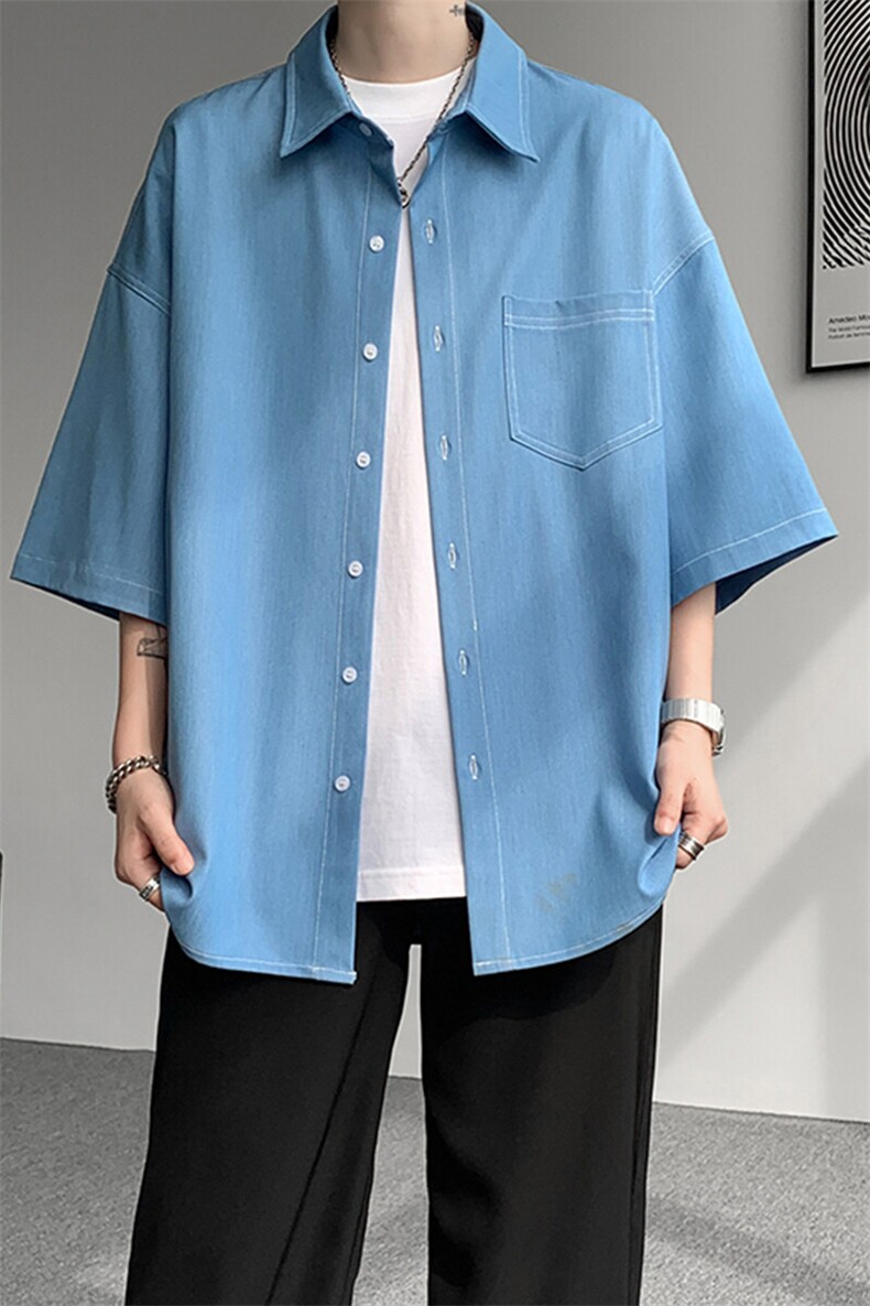 8XL-M冰丝牛仔短袖衬衫男款夏季薄款宽松慵懒衬衣外套DC28006P60,男装T恤,电商B312
