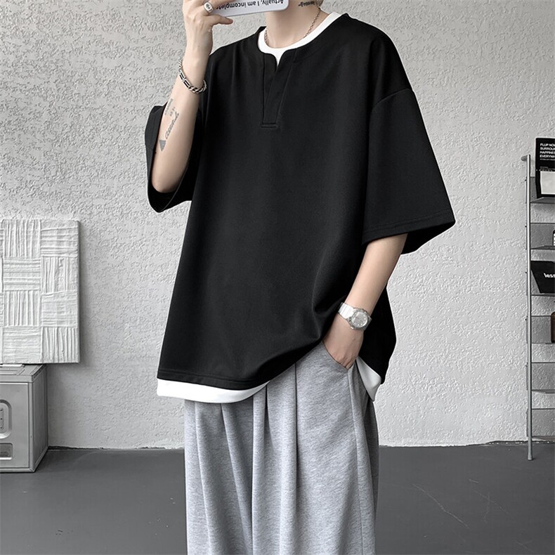 8XL-M重磅斜纹假两件短袖t恤男夏季薄款宽松大码半袖体恤DT006P45,男装T恤,电商B312