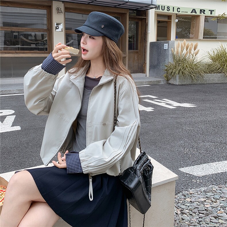 韩系学院风立领短外套女2025秋季新款洋气减龄巨好看休闲工装上衣,女装短外套,2C090