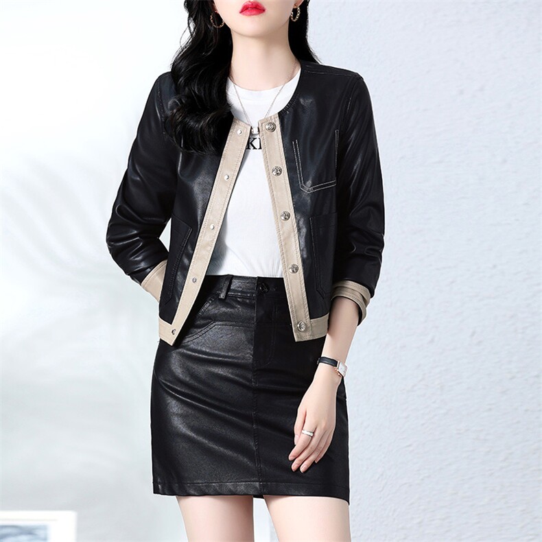 现货主推2022年秋季新款修身显瘦显高拼接皮衣外套女两件套，女装套装/套裙，潮流依族