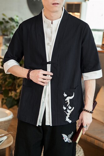 风外套五分袖男唐装盘扣开衫道袍和服宽松夹克茶服 M129 P50图片