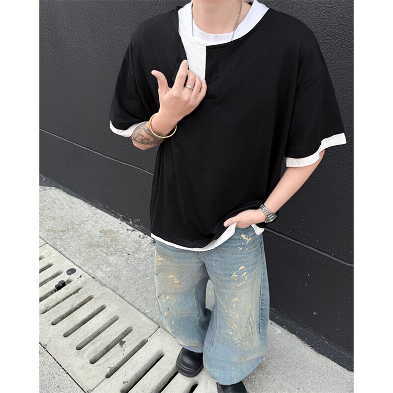 DP0117-P45纯棉假两件亨利领t恤男夏季重磅短袖cleanfit休闲上衣,男装T恤,电商C233