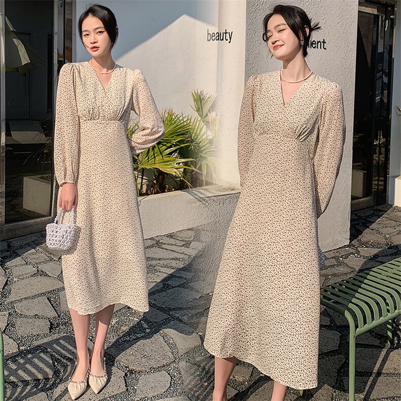 碎花连衣裙早春温柔女法式港风复古春茶歇裙春季裙子,女装连衣裙,海爱依仁