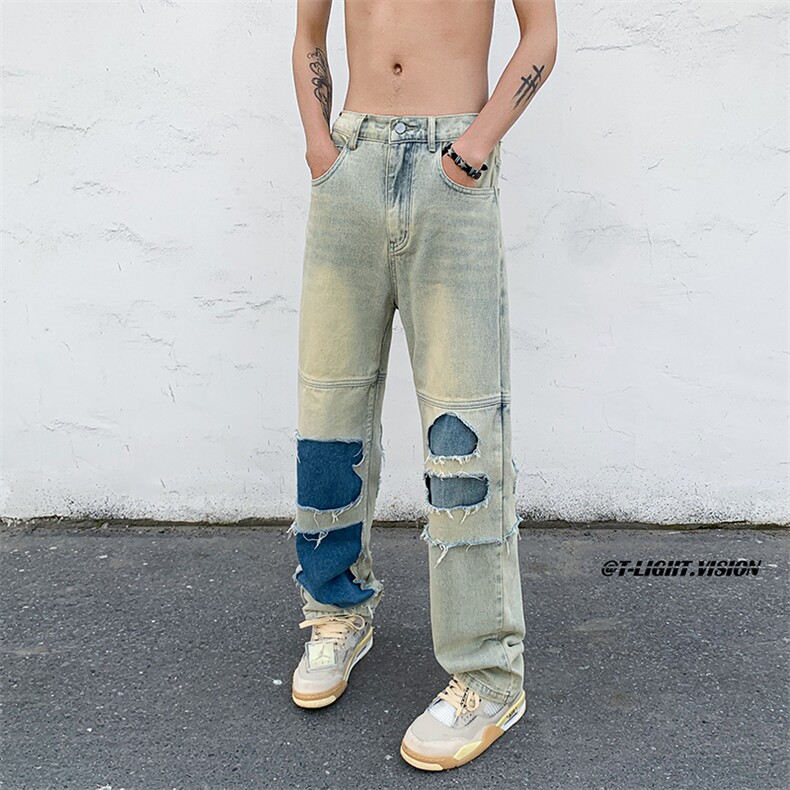 B221美式ins高街暗黑小众撞色破洞直筒牛仔裤LK23109-P65控88,男装牛仔裤,电商B221