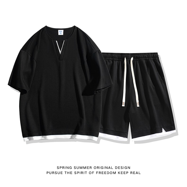 夏季运动套装日系白底休闲百搭时尚短套装CK2410+TC3134-P59控89,男装休闲套装,星座717