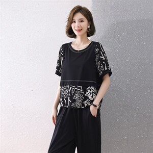 现货2022夏季新款时尚简约针织拼接雪纺休闲套装两件套图片
