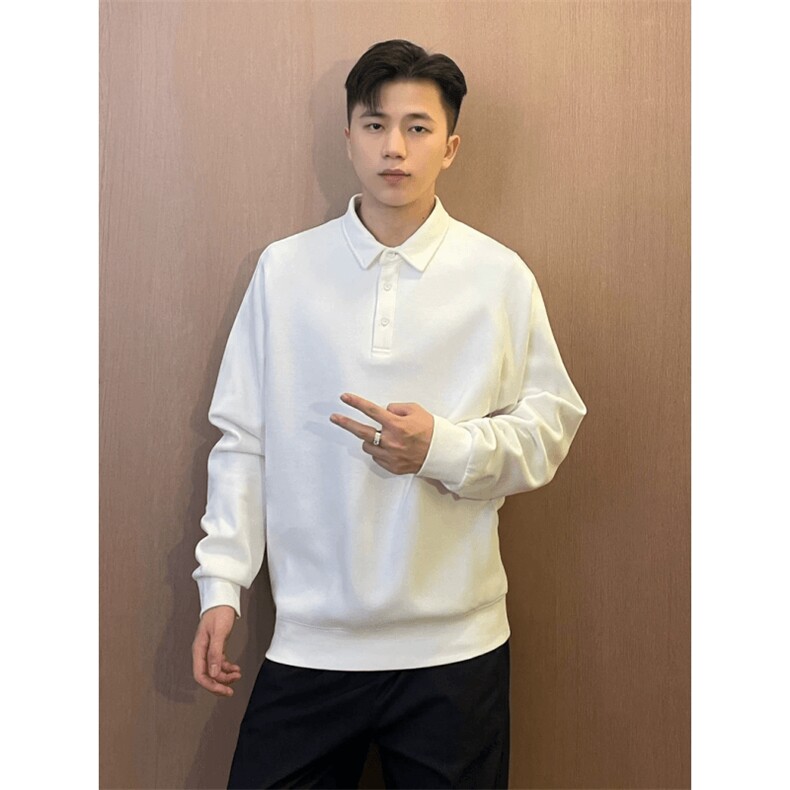 抖音得物高品质二开230克精梳珠地光版纯色宽松长袖T恤翻领POLO衫,男装T恤,电商A486-1