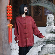 潮风中性海水江崖（竹福）系列铜竹叶铜扣盘扣立领宽松长袖衬衫，男装衬衫，星座305A（原312A-1）
