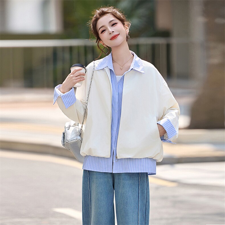 时尚条纹拼接假两件短外套女春季新款设计感减龄夹克风衣上衣,女装短外套,秀美人生