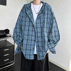 廓形防晒衬衫男夏季长袖冰丝薄款亚麻格子衬衣开衫外套CS29006P50，男装衬衫，电商B312