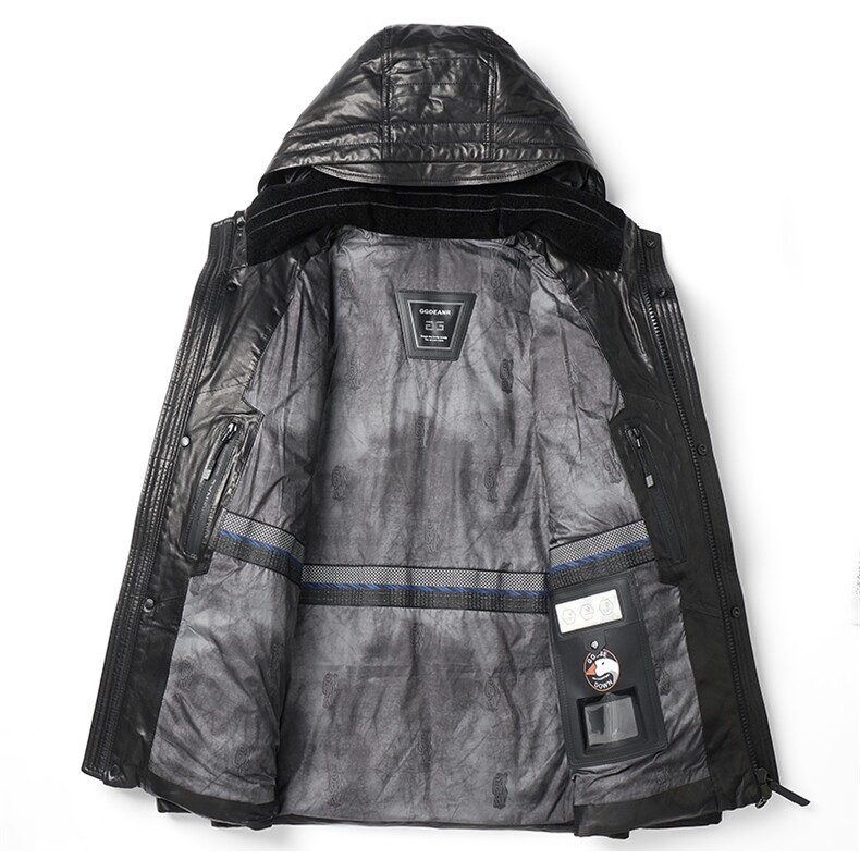 海宁真皮羽绒服男装冬装加厚面包服保暖连帽绵羊皮羽绒皮夹克外套,男装皮衣,电商B360A（原721A）