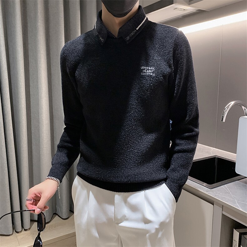 店主风小伙秋冬男修身衬衫领假二件针织毛衣301A-1/M66/P75控95，男装针织衫/毛衣，星座301A-1