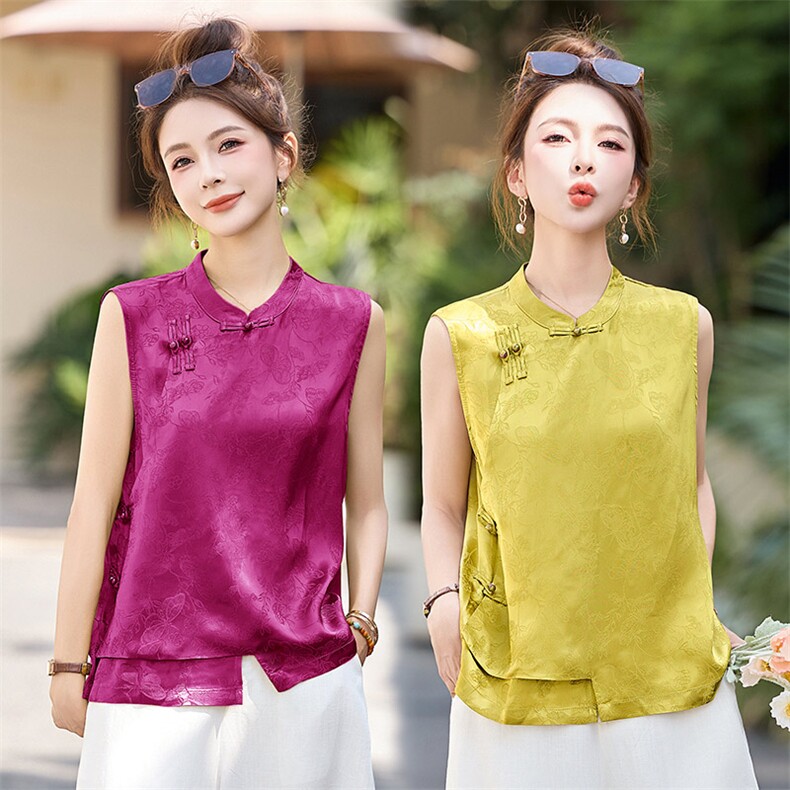 新中式国风提花套装女2025夏季优雅气质盘扣背心单上衣，女装衬衫，丽影随形