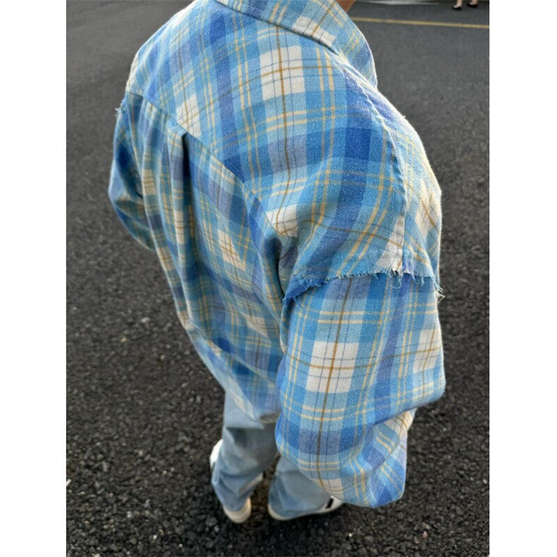 蓝色格子衬衫男女长袖同款情侣宽松2026夏ins休闲衬衣CY1096-P38,男装衬衫,星座412-2