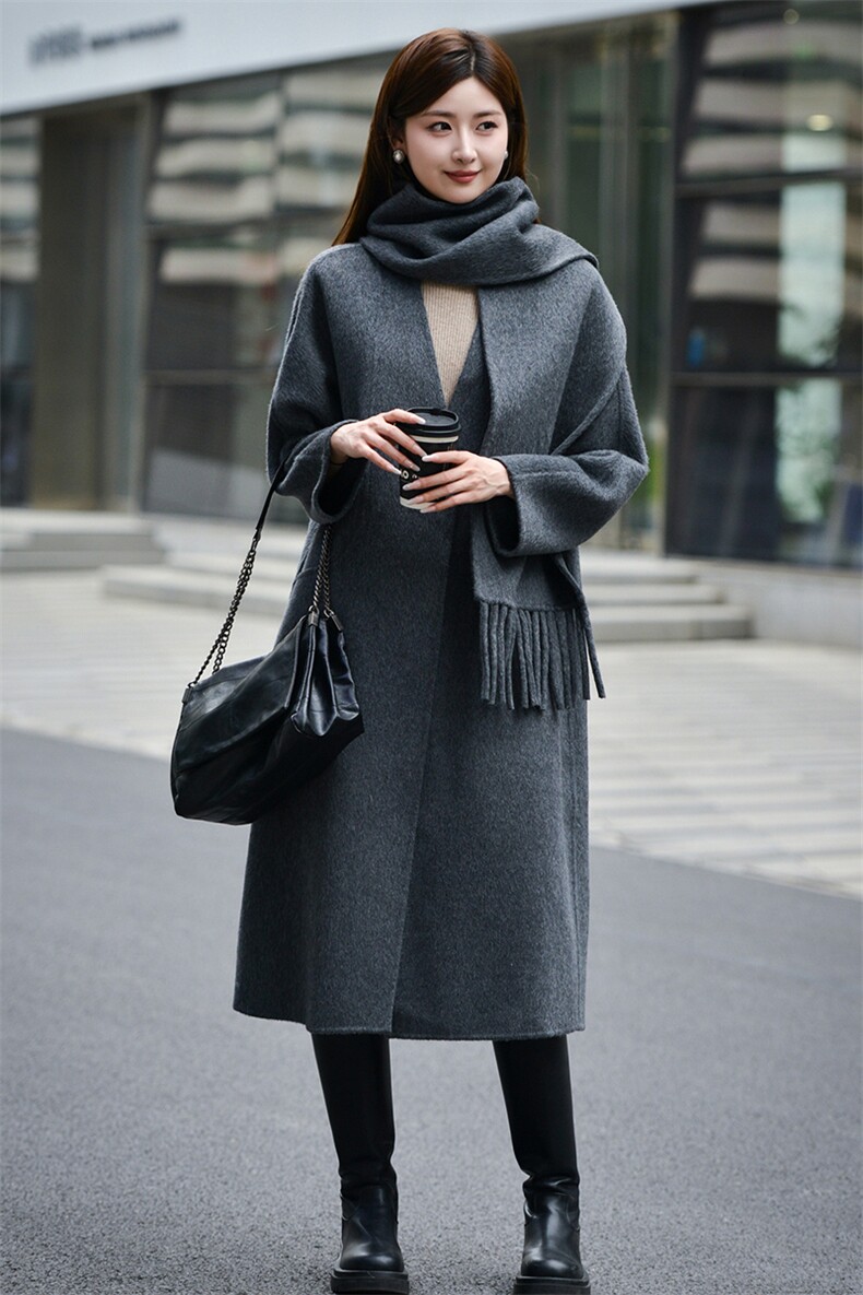 2025年秋季长时尚百搭通勤简约休闲围巾款潮流长款双面呢羊毛大衣，女装双面呢大衣，森墨