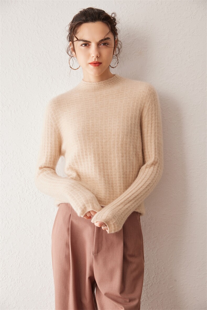 显瘦天花板！半高领100%纯山羊绒衫女2025秋冬新款抽条针织上衣,女装羊绒衫,戎叶云台