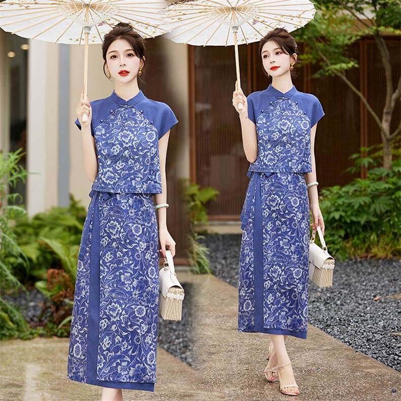 新中式棉麻套装裙女2024夏天新品气质高端麻料苎麻印花时尚两件套,女装套装/套裙,依如秀(原杭风阁)