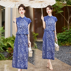 新中式棉麻套装裙女2024夏天新品气质高端麻料苎麻印花时尚两件套，女装套装/套裙，依如秀(原杭风阁)