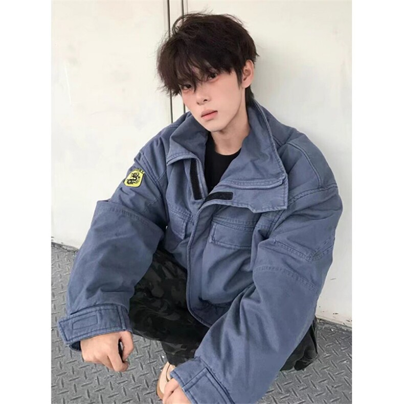 美式复古立领牛仔外套男女春秋冬季加绒加厚棉服夹克JK60,男装工装外套,星座1116A（原606A-3）