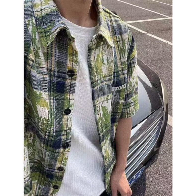 扎染短袖格子衬衫男夏季高街设计感衬衣vintage防嗮外套CY97,男装T恤,星座1116A（原606A-3）