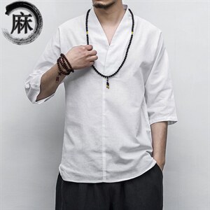 风棉麻V领亚麻短袖中式汉服唐装七分袖衬衣亚麻衬衫M113P40,男装T恤,钱塘788(原4013)