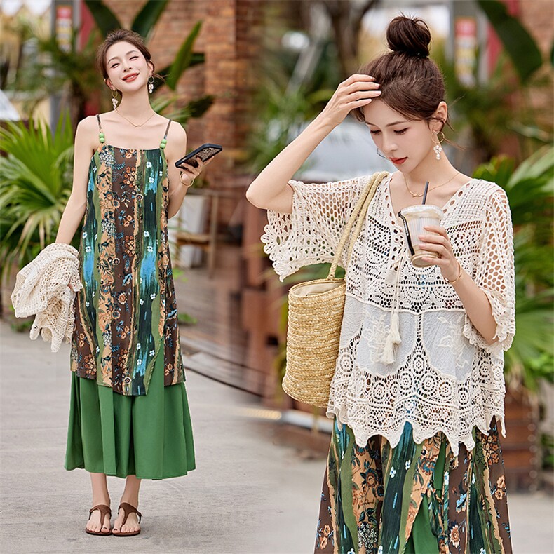 蕾丝钩花显瘦罩衫+波西米亚印花吊带裙肩带可调两件套套装，女装套装/套裙，采品优优