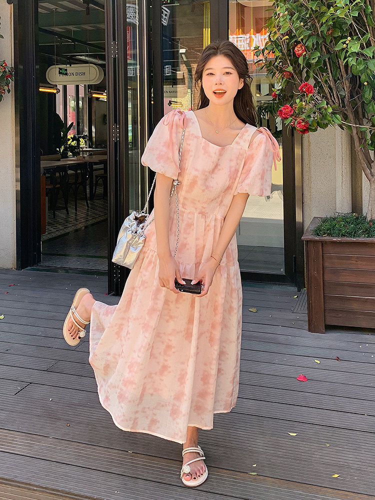桔梗法式连衣裙夏女2025新款温柔风印花清新设计感气质方领仙女裙,女装连衣裙,浪娴服饰