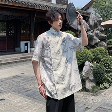 现货真棉麻新中式风新款24夏季竹叶提花短袖上衣CS35-P65，男装T恤，电商A021