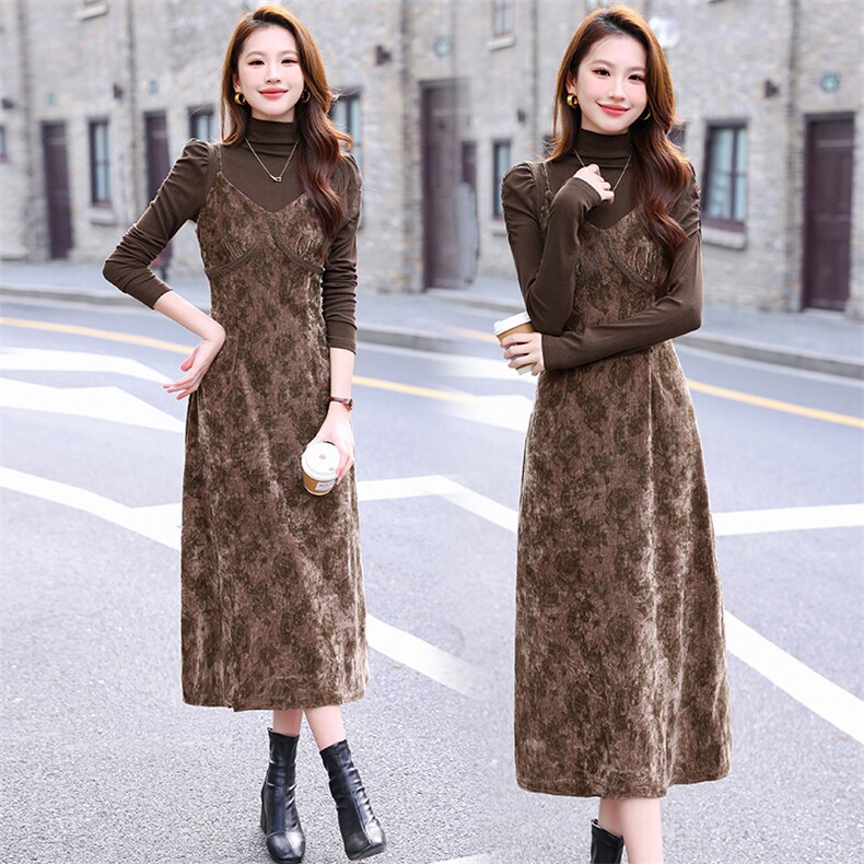 2024新款秋冬装女时尚气质网红打底衫吊带修身显瘦连衣裙两件套装，女装套装/套裙，煊芮熙