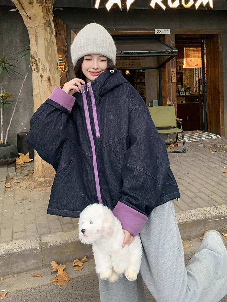 连帽短款牛仔外套复古加厚保暖上衣女冬,女装牛仔外套,2C283
