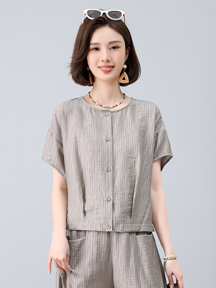 时尚亚麻混纺阔腿裤女夏季2025新款开衫上衣减龄松弛感,女装衬衫,曼沙奕珂