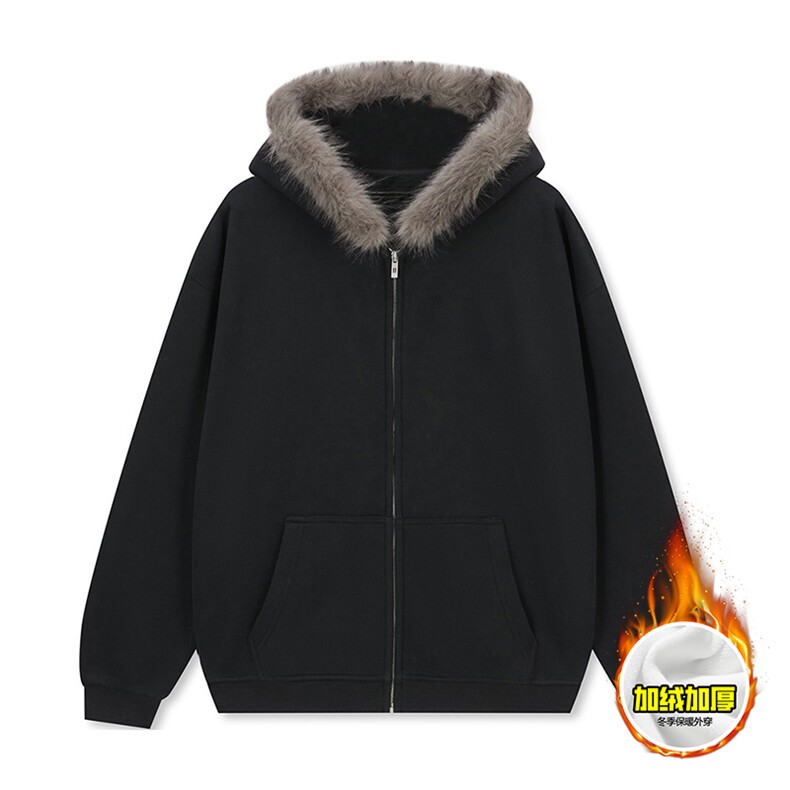 480G重磅加绒硬挺boxy秋冬美式高街超大毛领座山雕连帽卫衣厚外套，女装短外套，电商A486-1