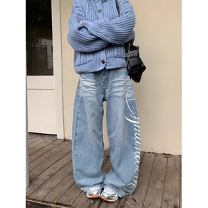 美式街头个性休闲趣味直筒宽松阔腿牛仔裤男女长裤图片