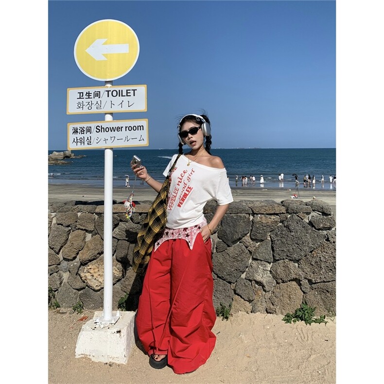 叠穿蕾丝屁帘工装伞兵裤女设计感小式复古红色裤子宽松阔腿,女装休闲裤,星座1210-1