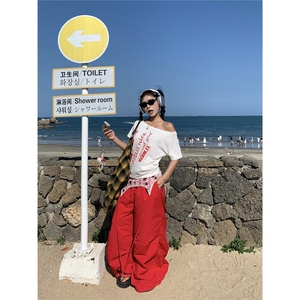 叠穿蕾丝屁帘工装伞兵裤女设计感小式复古红色裤子宽松阔腿图片