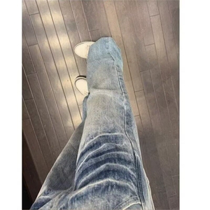 小众设计感蓝色闪电纹牛仔裤男女直筒美式vibe风裤子高街微喇图片