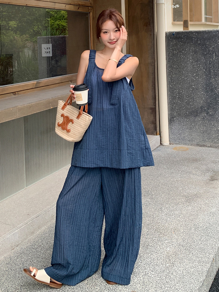 慵懒风宽松吊带上衣拖地阔腿裤套装女2025夏季新款简约休闲两件套,女装套装/套裙,浙宝305