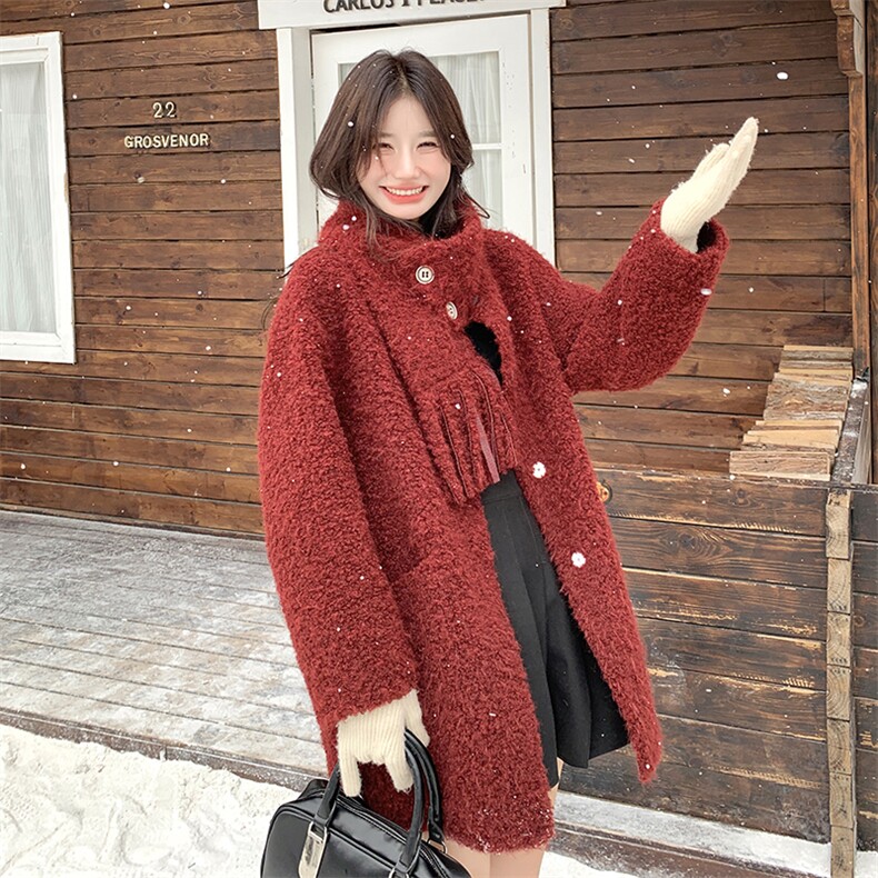 安可拉红围巾款皮毛一体羊羔毛外套女冬加厚棉服6092P225k328,女装棉衣/棉服,维壹