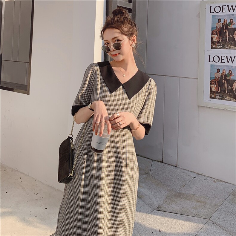 现货新款主推气质格子显瘦A字连衣裙163-8802-P95-控148，女装连衣裙，拾菱