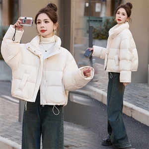 黄色羽绒服宽松短款外套2024冬装立领抽绳简约显白面包服女图片