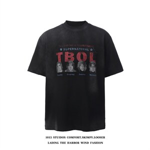 （重磅350克双纱）洗水做旧宽松圆领情侣短袖T恤 1015-T611-P65，男装T恤，四季星座1015